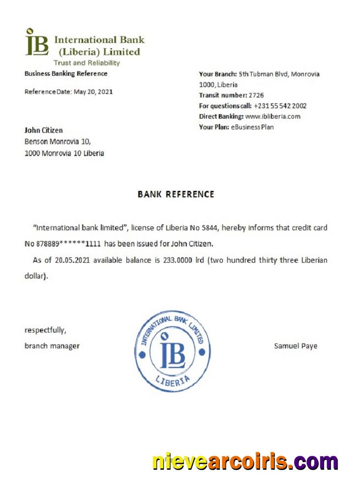 Liberia IB International Bank reference